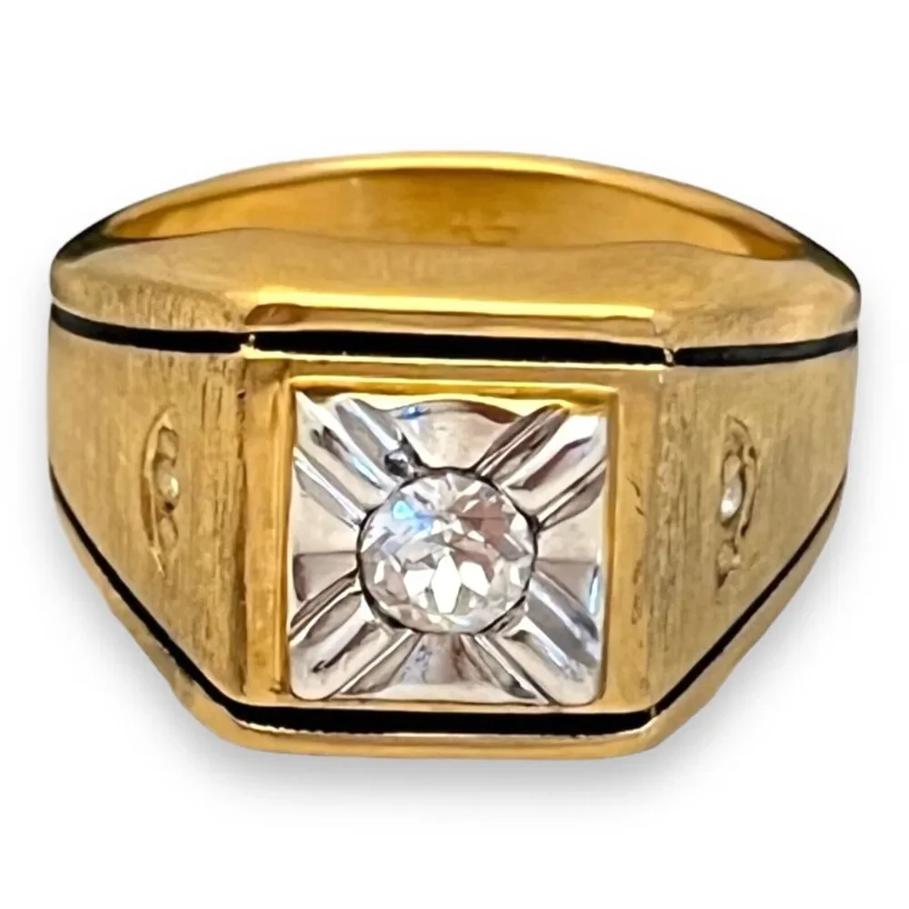 Vintage 1970s Ring Size 10 Uncas CZ Square Bezel Textured Gold Plated - 14O
